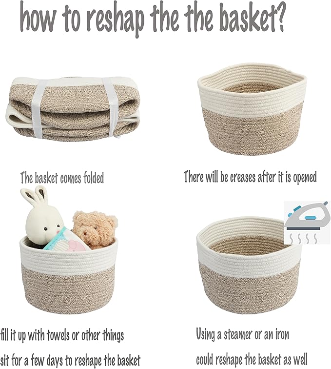 Woven Cotton Storage Baskets - 3-Pack Round Bins (10x10x7'') for Shelves, Closets & Bookcases | Durable Rope Organizers for Nursery, Baby, Toys, Easter & More white and brown