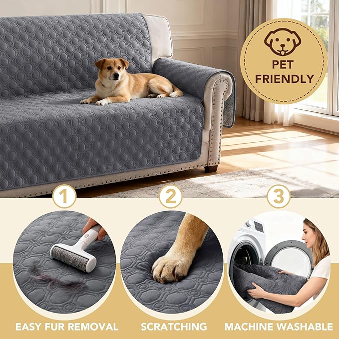 H.VERSAILTEX 100% Waterproof Sofa Cover Thick Durable Slipcover Furniture Protector Washable Couch Cover with Non Slip and Elastic Straps for Kids, Dogs, Pets(XL Sofa, Grey)