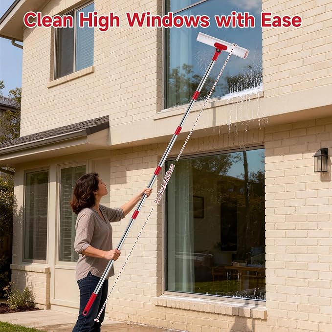 2-in-1 Professional Window Squeegee, 86.6'' Window Cleaner Tool with 6-Section Extension Pole, Window Cleaning Kit with 4 Microfiber Cloth, Window Washing Equipment for in/Outdoor Windows