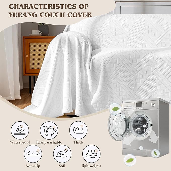 Waterproof Couch Cover for Sofa, Reversible Sofa Slipcovers for Dogs and Cats, Pet-Friendly, Anti-Slip and Washable, with 3 Cushions (71×134in, White)