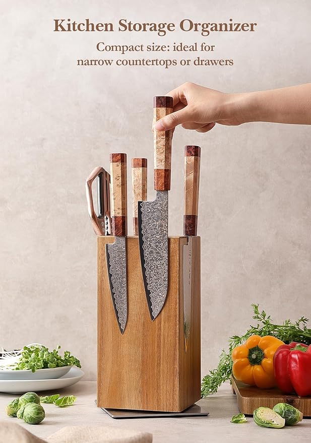 HEZHEN Magnetic Rotating Knife Holder without Knives, Acacia Wood, 360° Knife Block for Kitchen Counter, Space-saving and Larger Capacity Knife Storage, Strong Enhanced Magnets Strip