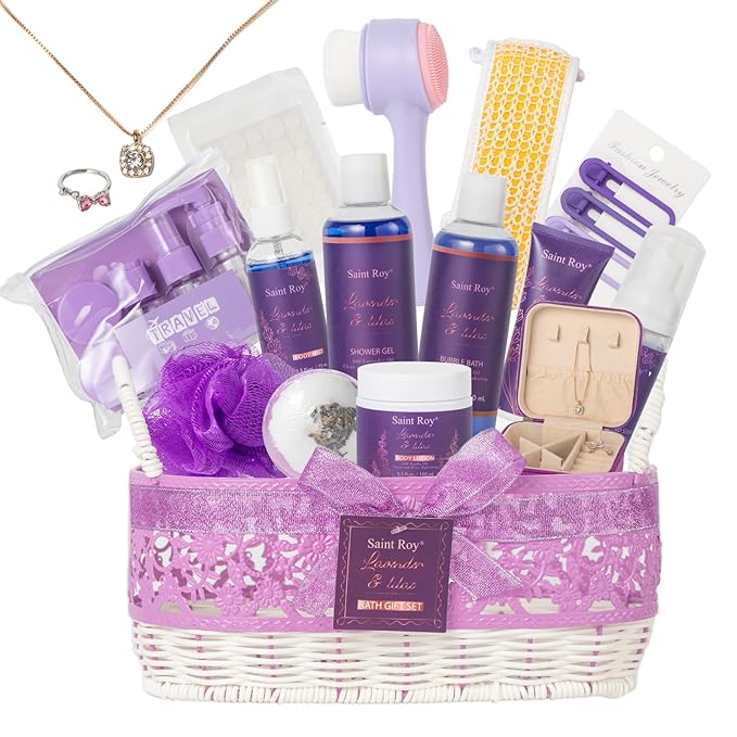 22 Pcs Lavender Bath and Body Gift Basket, Spa Gifts for Women Bath and Body Lavender Gift Set, Spa Kit Relaxing Bath Sets, Self-Care Set, Necklace, Birthday, Christmas, Mother Day, Anniversary