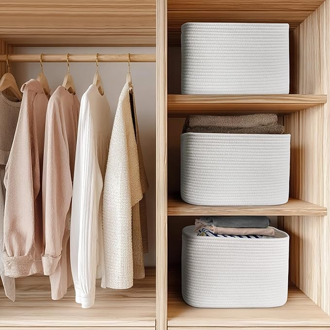 White Baskets for Organizing, 3 Pack Woven Cotton Rope Storage Baskets for Shelves, Decorative Closet Bin, Cute Fabric Storage Bins for Bathroom, Toys, Towels, Clothes, Shoes Organization