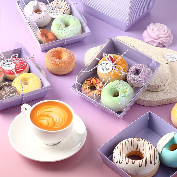 Outus 100 Pack Charcuterie Boxes with Clear Lids, 5.7 x 5.1 '', Mother 's Day Back to School Paper Food Containers Cake Take out Bakery Boxes with Gift Tags Rope for Desserts(Purple,Classic)