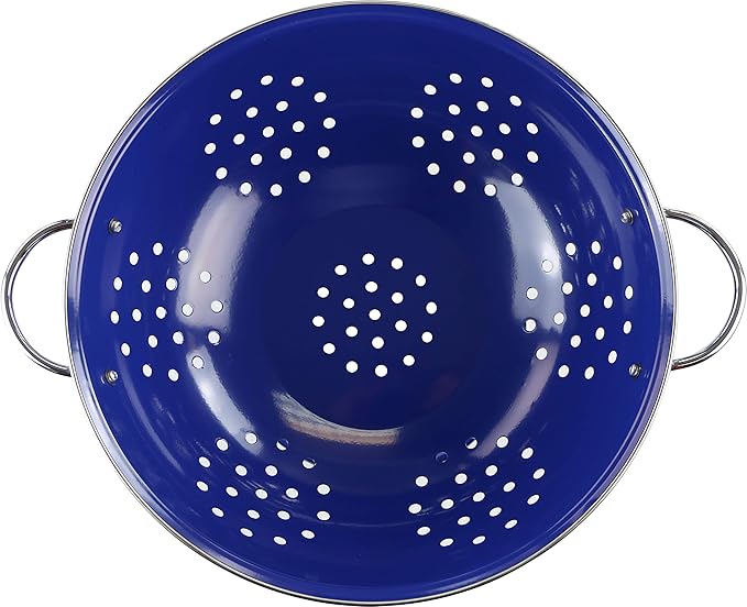 Reston Lloyd Calypso Basics Extra Large Enameled Colander with Solid Base, Strainer Basket with Handles, for Pasta, Berries, Vegetables, Fruit, Indigo, 7 Quart (224oz/ 6.6 L)