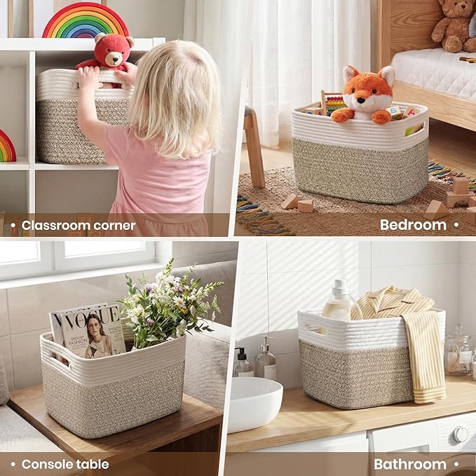 Storage Baskets for Organizing, 14 x 10 x 9” Closet Shelf Woven Baskets, Square Bins with Handles, Cotton Rope Basket for Toys, Clothes, Office, Room, White+Rice Brown 4 Pack