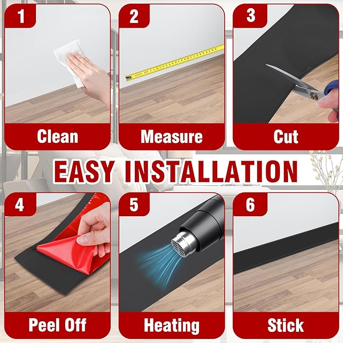 Vinyl Baseboard Molding Trim 6 Inch x 60 Feet Peel and Stick Baseboard Trim Flexible PVC Cove Base Moulding Self-Adhesive Trim for Garage Bathroom Cabinet Floor Walls, Black