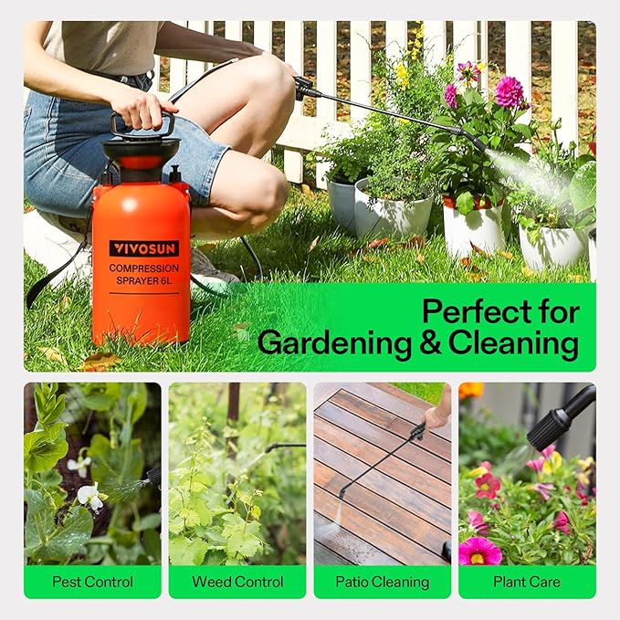 VIVOSUN 1.59-Gallon Pump Pressure Sprayer, Pressurized Lawn & Garden Water Spray Bottle with Adjustable Shoulder Strap, for Plants Spraying, Garden Watering and Household Cleaning