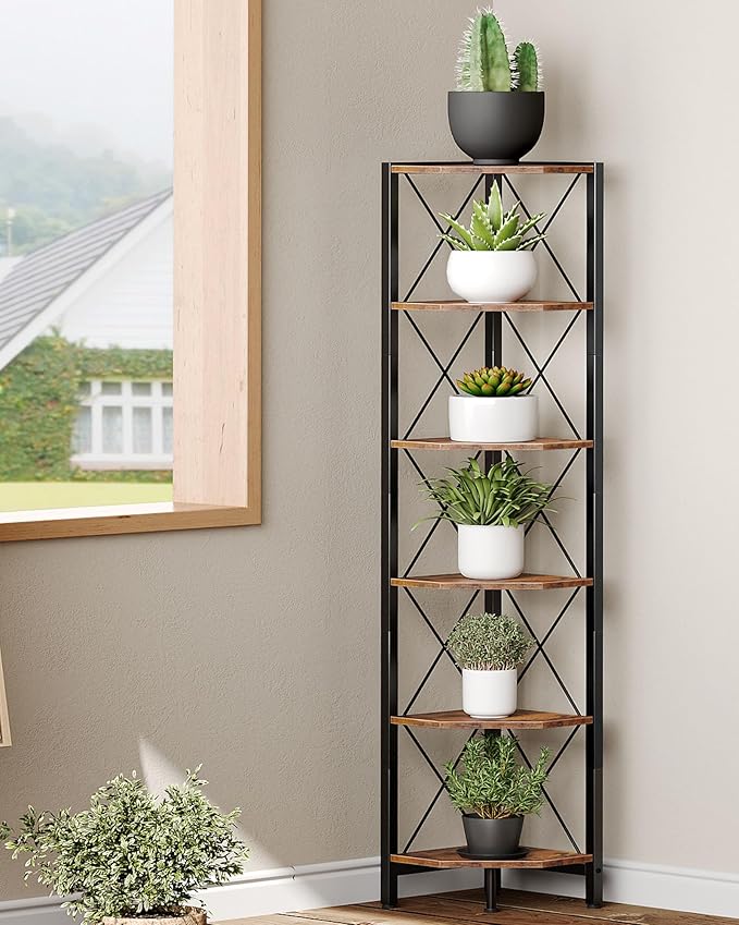 6-Tier Corner Shelf, Corner Bookcase, 66.9" Tall Vertical Display Rack, Plant Stand, Open Storage Shelf, for Living Room, Bedroom, Study, Kitchen, Rustic Brown and Black TCJ13BF
