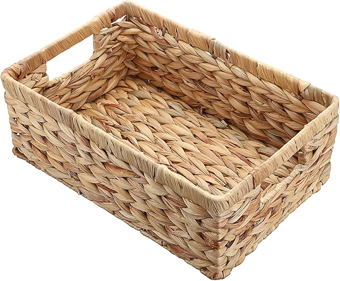 Wicker Basket for Shelf Woven Open Storage Bins with Built-in Handles Handwoven Water Hyacinth Storage Baskets Box for Living Room Bathroom Kitchen,13.8"L x 9.3"W x 5"H