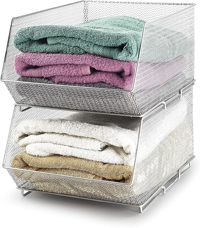 Mesh Stacking Bin Silver (Sold As 1 Bin) Storage Containers Great for Food, Crafts, Cleaning or Pantry Items 1613 (Large 15x11x8)