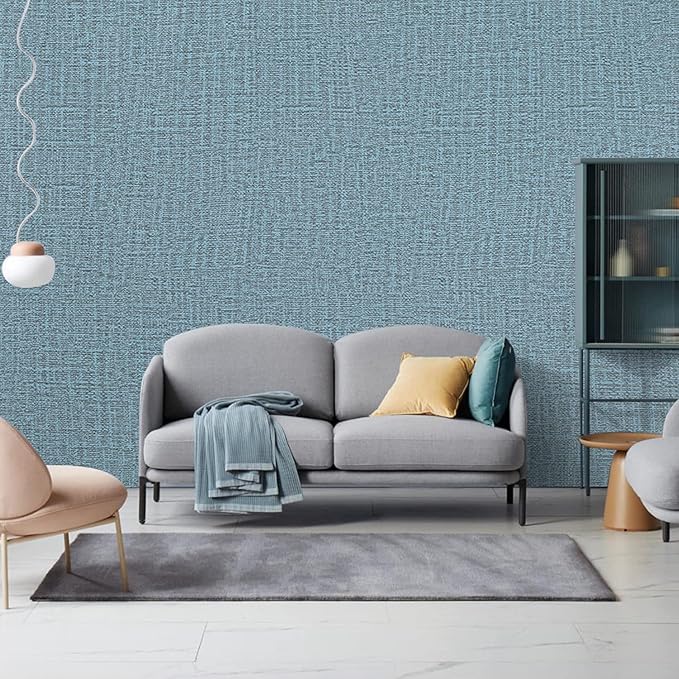 Peel and Stick Wallpaper Blue Grass Cloth Wall Paper - 15.7 x 200 Inch Self Adhesive Wallpaper Peel and Stick, Easy to Paste Wall Contact Paper for Stand Liner, Table and Door Makeover Decor
