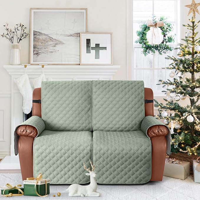 Ruaozz Waterproof Recliner Sofa Covers, 1-Piece Couch Covers for Reclining Couches Reclining Couch Cover Washable Furniture Protector with Elastic Straps Pocket for Kids Pets (Sage Green, 2 Seater)