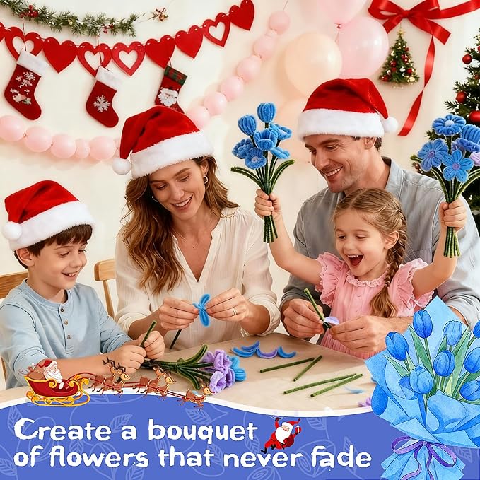 500PCS Pipe Cleaners Craft for Flower - 5 Assorted Colors Chenille Stems Pipe Cleaners Bulk 25sturdy floral stems, 200Stamens, Ribbon, Glue Sticks & Pearls for DIY Bouquets & Home Decor(Blue)