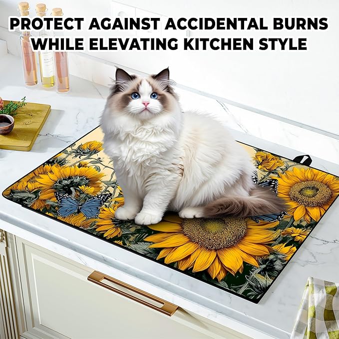 Happy Easter Stove Top Cover Flower Eggs Cute Rabbit Gas Stove Top Cover for Home Decoration Kitchen St. Patrick Day Pad Non-Stick Washable Cooktop Covers Countertop Protector (sunflower, 28" x 20")