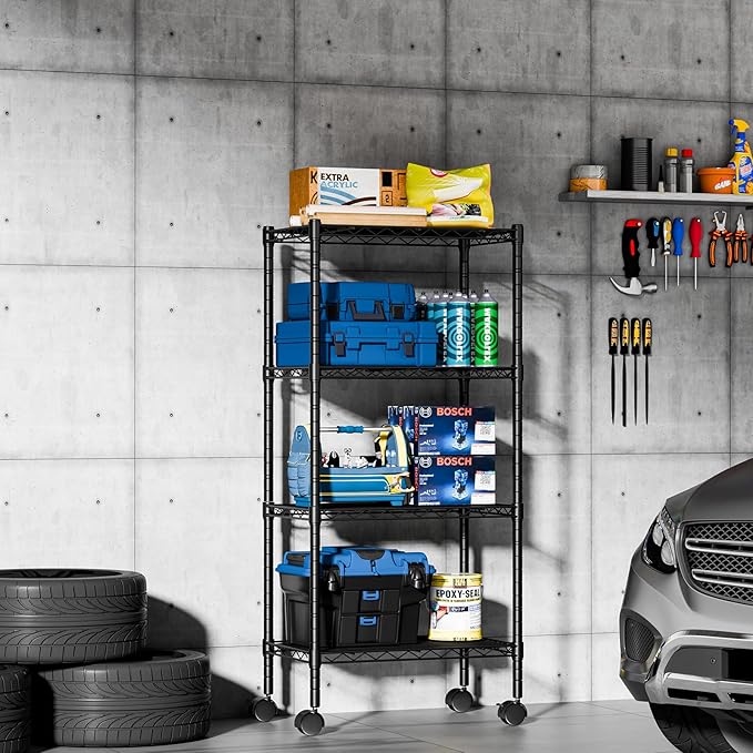 DUMOS Industrial 4 Level Grid Storage Rack ,Mobile Metallic Shelving System with Lockable Wheels, Multi-Purpose Cabinet for Workshop, Culinary Space, Storeroom, Washroom & Restroom Black
