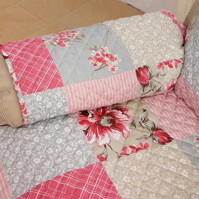 Cmfshape Skidproof Sofa Cover-Patchwork Sofa Slipcover with Elastic Straps-Easy Fit Slip Cover-Rose Washable Furniture Protector for Pets and Kids(Chair,Pink&Grey)