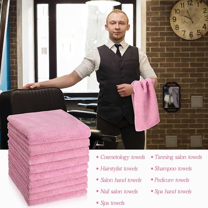 Shimeyao 40 Pack Bleach Proof Towels Microfiber Absorbent Resistant Hair Hand Towels Bulk Quick Dry for Barber Gym Bath Spa Shaving (Pink,16 x 29 Inch)