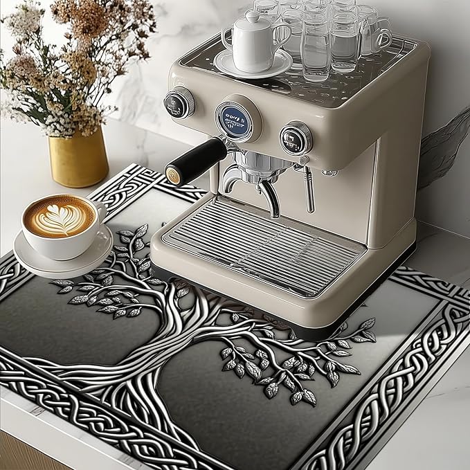 Tree Stove Top Covers Pad 28 x 20 inches Silver Tree of Life Kitchen Decorations Dish Drying Mat Coffee Bar Mats Kitchen Decor Absorbent Pad Fit Coffee Maker Machine Dish Drying