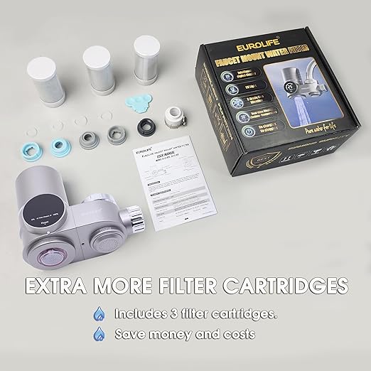 Combo Eurolife Faucet Mount Water Filter EL-LS-A13, LED Sink Water Filter with UV Light and Real Time Filter Life Indicator, Carbon Filter 8 Level fine Filtration, Extra More 2 Carbon Filter Included