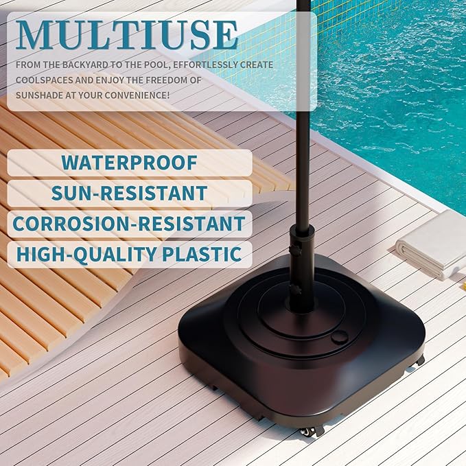 Umbrella Base,Heavy Duty Patio Umbrella Stand with 5 Wheels, Max 180lb Fillable Umbrella Holder Wind-Resistant, Mobile Square Market Stand for Outdoor, Deck, Lawn, Fits Most Sized Umbrellas (21 in)