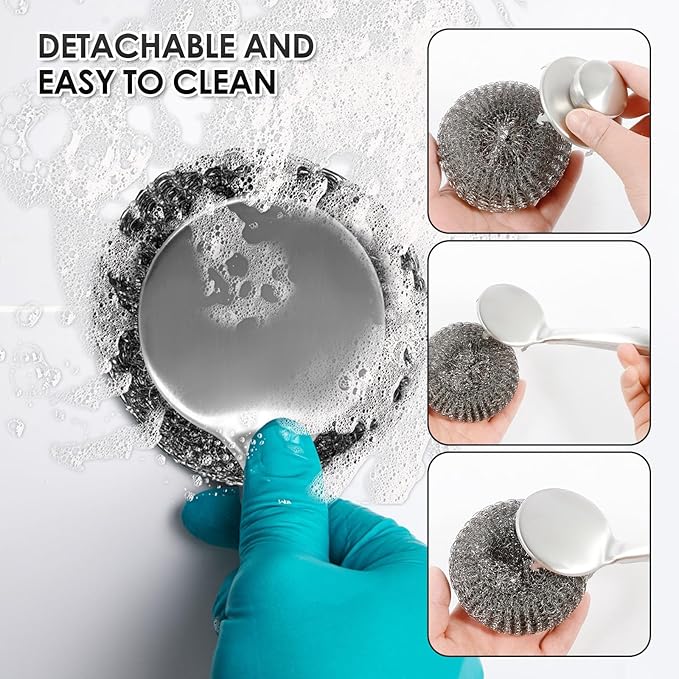Steel Wool Scrubber Dish Brush with Handle, Detachable Stainless Steel Scrubber, Ergonomic Handle Stainless Steel Wool Scrubber, Reusable Stainless Steel Dish Scrubber for Cleaning Dishes (10pcs)
