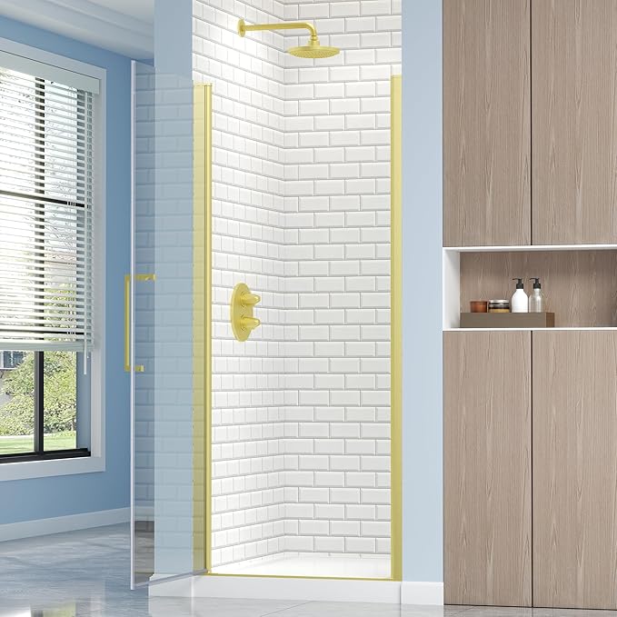 Frameless Pivot Shower Door 30.8-32" W X 72" H, 1/4" (6mm) Clear SGCC Tempered Glass, Hinged Pivot Swing Shower Door, Reversible Installation, Easy to Clean, Brushed Gold