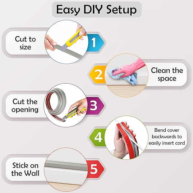 Rubber Bond TV Cord Hider Cable Protector - Strong Self Adhesive Wall Cord Cover Cable Hider - Low Profile Cable Management Wall Cord Concealer Cable Raceway