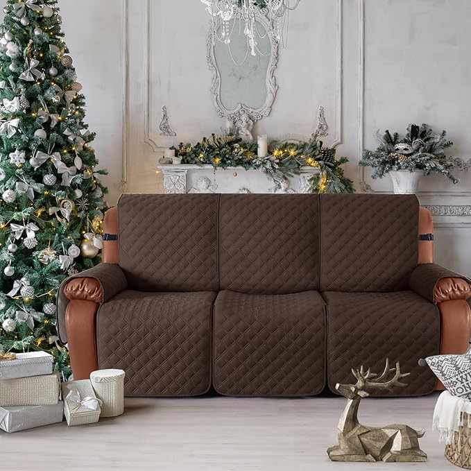 Ruaozz Waterproof Recliner Sofa Covers, 1-Piece Couch Covers for Reclining Couches Reclining Couch Cover Washable Furniture Protector with Elastic Straps Pocket for Kids Pets (Dark Brown, 3 Seater)