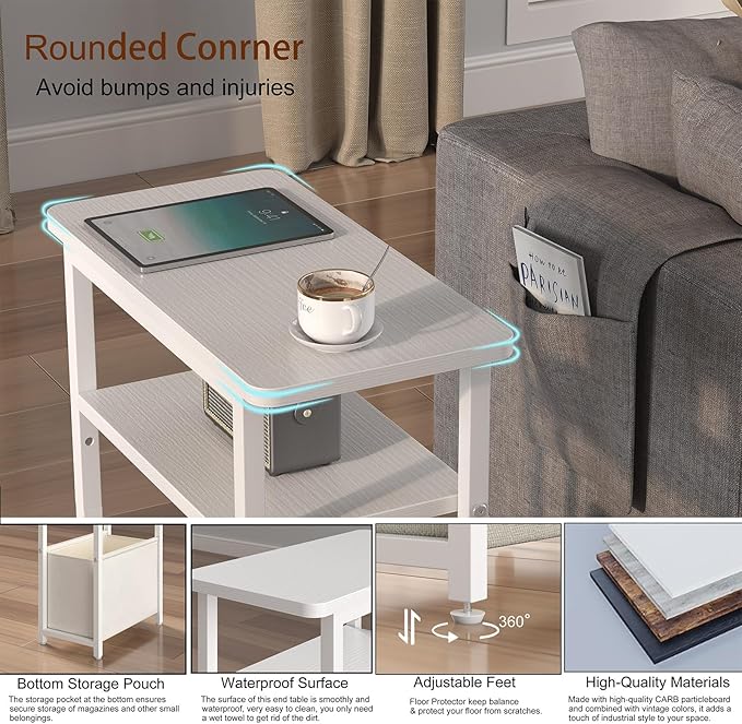Narrow Side Table, Skinny End Tables with Fabric Basket, Small Side Tables for Small Space, 2-Tier Open Shelves with Basket, Slim Nightstands for Bedroom,Living Room,Office, White