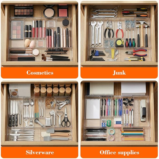 2 Pcs Large Expandable Acrylic Drawer Organizers, Grid Adjustable Drawer, Dividers Organizer for Desk, Makeup, Jewelry, Office, Kitchen Supplies (Clear,15 Compartments)