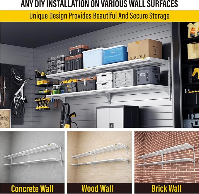 2-Pack 2 Tier 1.3x4ft Garage Shelving Wall Mounted, 520lbs Load Capacity,15.6x48inch per Shelf Height Cassette Adjustable Floating Shelves (White)