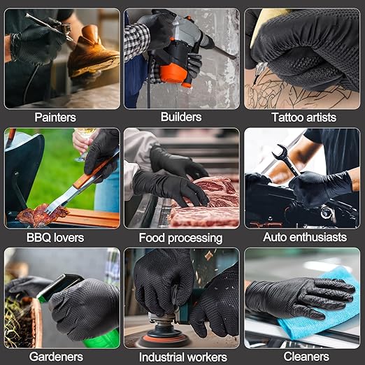 10mil Nitrile-Gloves Disposable-Black Chemical-Resistant Rubber - Mechanic Gloves Heavy Duty, Latex Free, Diamond Grip (500, Large)