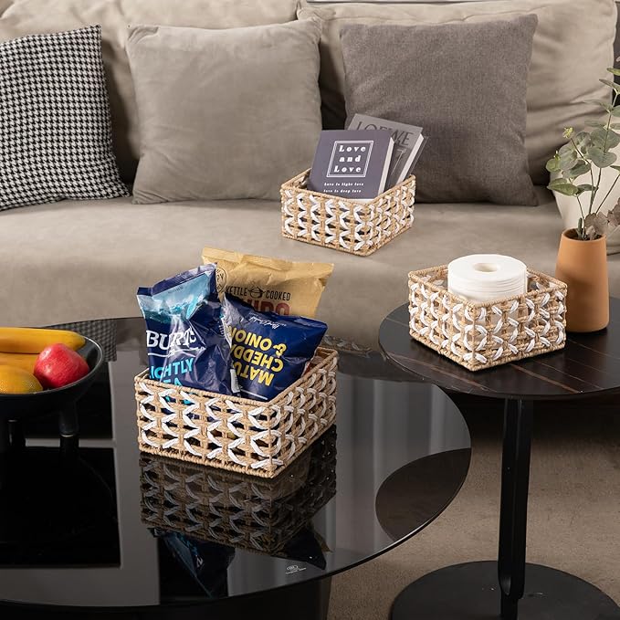 OIAHOMY Storage Baskets Paper Rope Shelf Baskets, Handwoven Small Wicker Bins for Home, Set of 3-Yellow & White