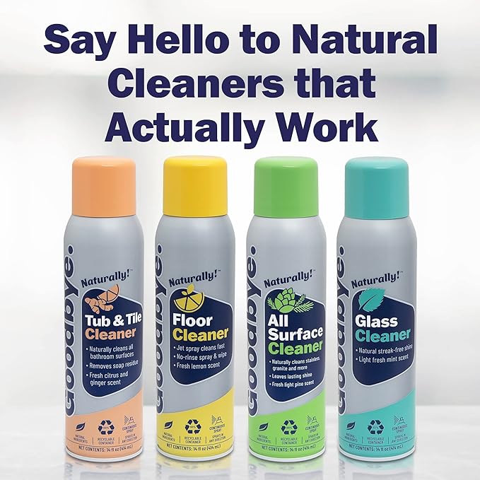 Goodbye Naturally Glass Cleaner, All Surface Cleaner, and Tub and Tile Bathroom Cleaner, Safe and Effective All Natural Cleaning Products, 14 oz Continuous Spray Cans, 3 Pack