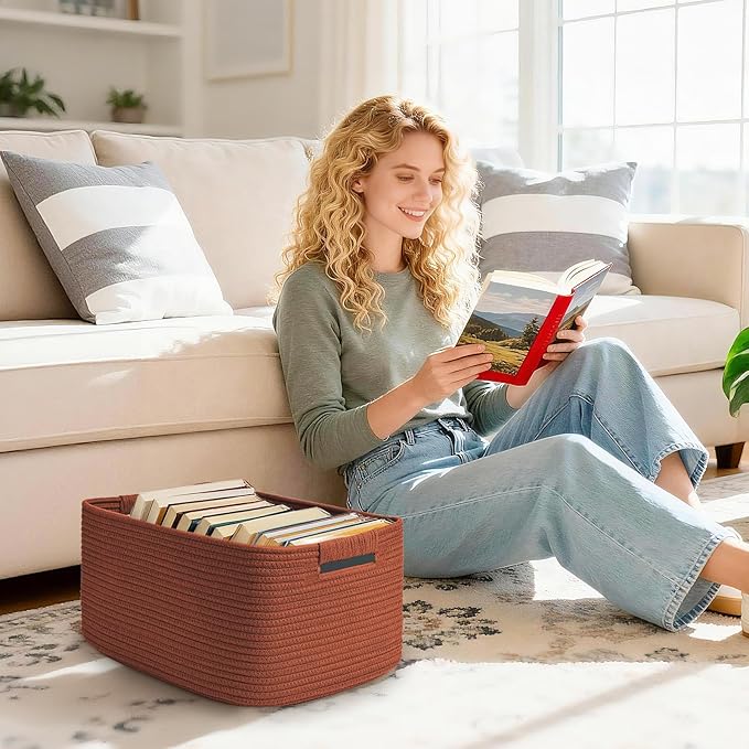 2 Pack Large Storage Basket for Organizing, 17.5"x13"x7" Woven Basket for Shelves, Closet Cube Storage Bins with Wrapped Handle, Cotton Rope Baskets for Kitchen, Clothes, Toys(Oxide Red)