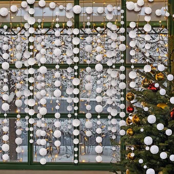 Tegeme 48 Pcs Winter Snowball Garland 6.5 Feet White Pom Pom String Garland Winter Party Wonderland Decoration Snow Ball Hanging Banner White Snowball Decor for Ceiling Tree Holiday Party Wall Home