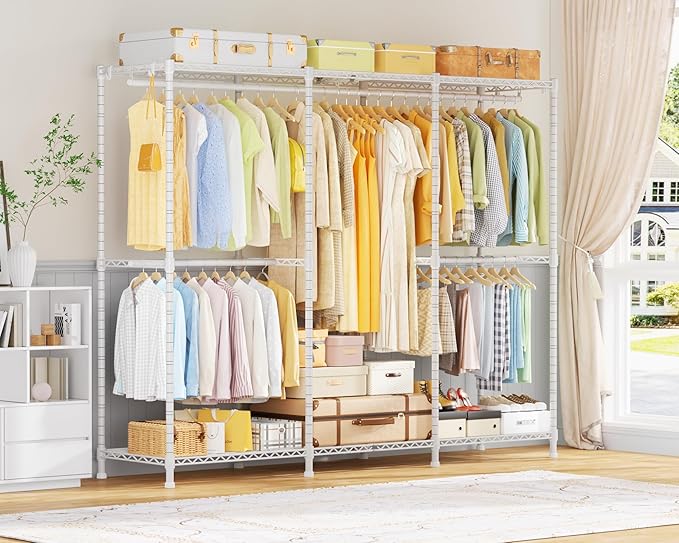 E14 Pro Heavy Duty Clothes Rack,Freestanding Clothing Racks for Hanging Clothes,Adjustable Closet Organizers and Storage,Metal Garment Rack with Shelves 69"W x16"D x77"H,Max Load 960LBS,White