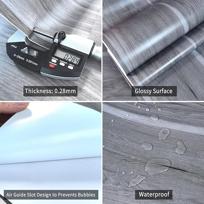 BOMENG Wood Grain Contact Paper Grey Wood Look Wallpaper Peel and Stick Countertop Covers with Air Guide Slot Design 31.5"x157.5" Kitchen Cabinet Wallpaper Vinyl Wrap Natural Wood Stickers Paper