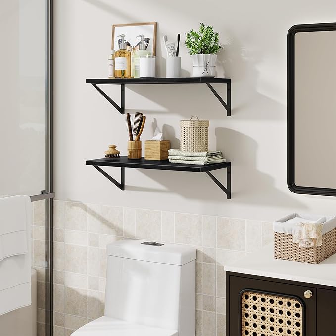 Deep Floating Shelves,24" Wx10 D Floating Shelf for Wall Set of 2,Hanging Storage Shelf with Metal Brackets,Wide Display Wall Shelves for Living Room,Bedroom,Bathroom,Kitchen,Black