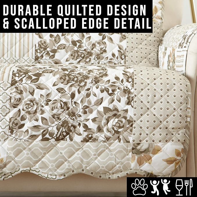Great Bay Home Reversible Patchwork Sofa Cover - Washable Slipcover Furniture Protector with Elastic Straps - Couch Cover for Dogs, Kids, and Pets - Box-Stitched Detail (Sofa, Taupe)