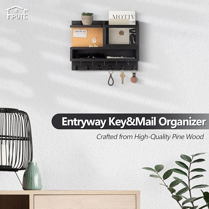 Key Holder for Wall with Mail Organizer,Farmhouse Mail and Key Holder for Wall,Key Hanger with Metal 11 Hooks,Corkboard,and Shelf,Decorative Natural Pine Wood Entryway Organizer,14.6*11.1*3.3”,Black