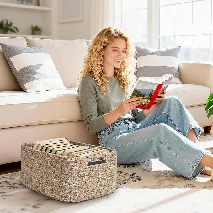 2 Pack Large Storage Basket for Organizing, 17.5"x13"x7" Woven Basket for Shelves, Closet Cube Storage Bins with Wrapped Handle, Cotton Rope Baskets for Kitchen, Clothes, Toys (Natural))