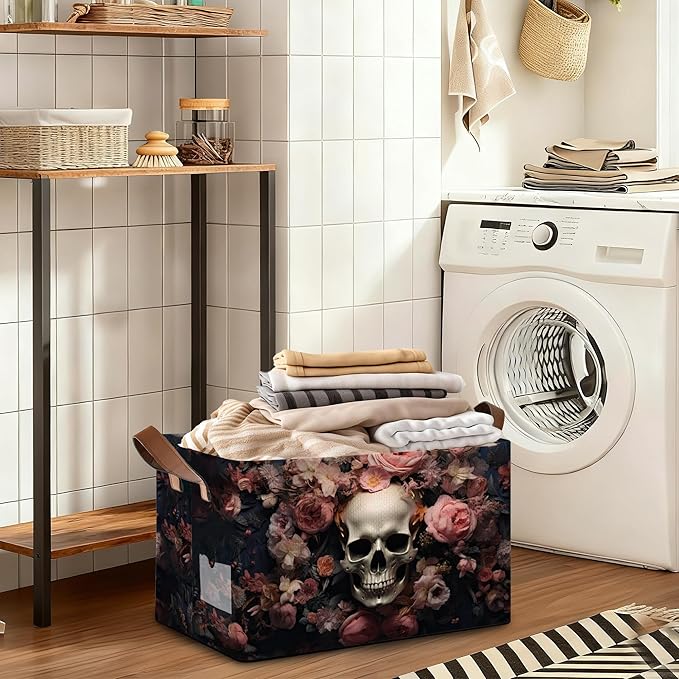 Pink Flower Skull Storage Bins with Handles, Collapsible Storage for Clothes, Gift Basket, Blankets & Closet Organization
