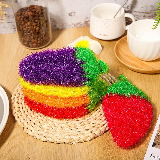 10 Pieces Strawberry Colorful Scrubber Cute Multiuse Dish Scrubber Non Scratch Dish Sponge Strawberry Kitchen Decor Washcloth for Scrubbing, Dishwashing, Scrubbers, Bathrooms, Floors (5 Colors)