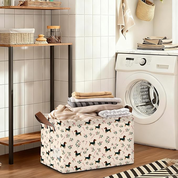 Christmas Dachshund Storage Bin with Handles, Basket Storage Organizer for Shelves, Closet, Nursery, Book, Laundry Hamper & Home Decor
