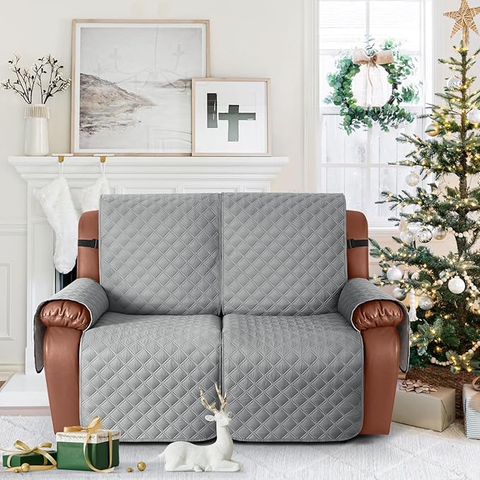 Ruaozz Waterproof Recliner Sofa Covers, 1-Piece Reclining Couch Covers Non-Slip Sofa Slipcover Washable Furniture Protector with Elastic Straps Pocket for Kids Pets (Light Grey, XL 2 Seater)