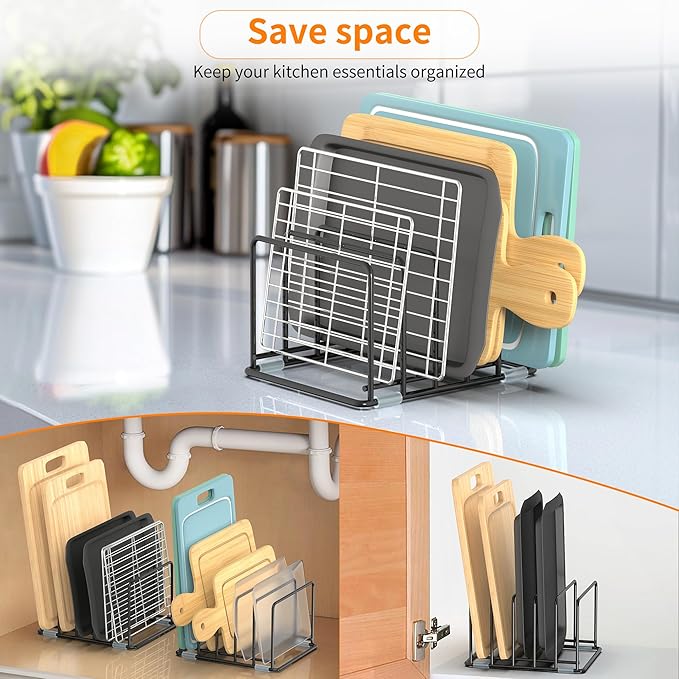 Cutting Board Organizer, Kitchen Cabinet Organizer, Divided Rack with 5 Slots for Baking Trays, Cutting Boards - Cookie sheet Organizer Inside Cabinet, Baking Sheets Holder (medium)