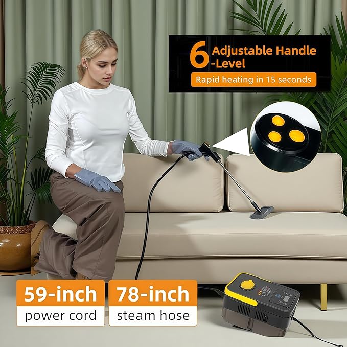 Handheld Pressurized Steam Cleaner, 6-Level Adjustable Handle 20s Heat-Up Big Tank, Portable Steamer for Cleaning Stubborn Dirt Grease Tile Grout Floor Car (Black/Yellow)