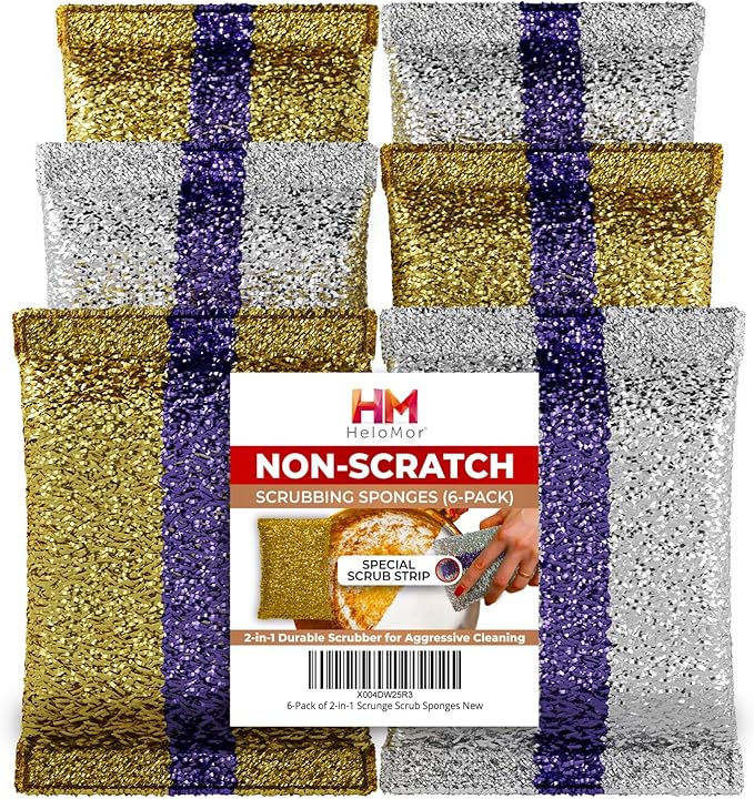 HELOMOR 6 Pack Dish Wash Sponges for Kitchen, Heavy Duty Non Scratch Dish Sponge, Wire Scrub Sponges for Cleaning Cookware, Glass, Countertops, Pans, Pots with Special Scrubbing Strip